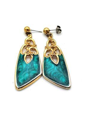 Vintage Gold Tone Green Faux Malachite Dangle Earrings Art Nouveau Style